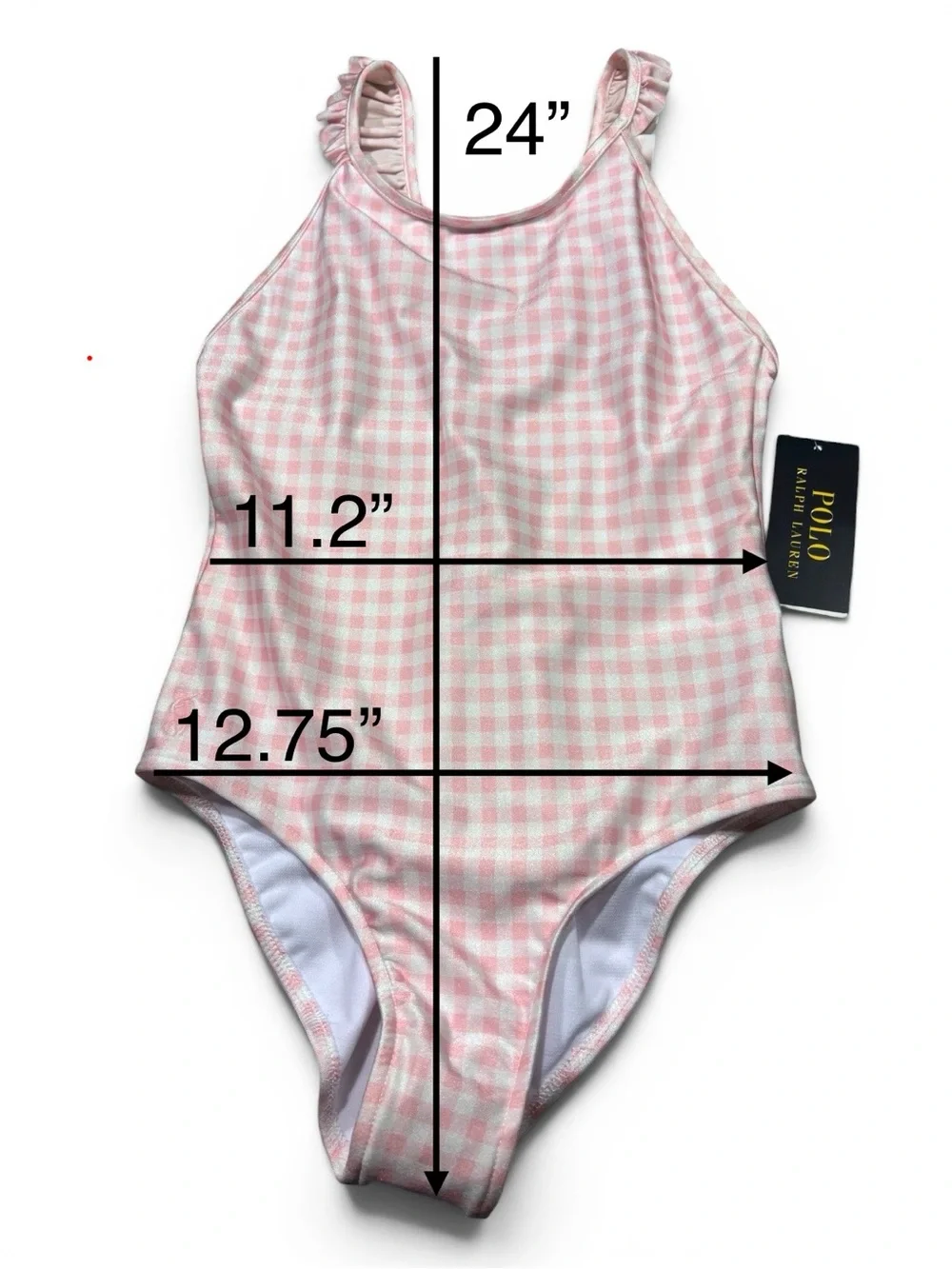 Polo Ralph Lauren Girls Pink Gingham Ruffle Strap One Piece Swimsuit Size 10 NWT